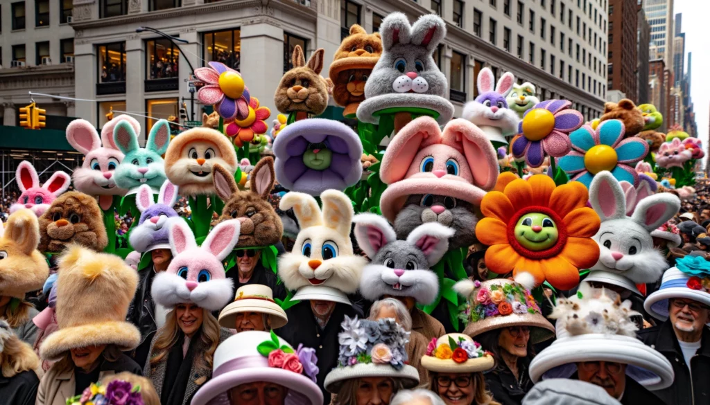 Whimsical AI scene from NYC Easter Parade with fun hat designs