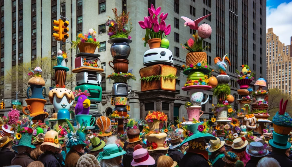 Eclectic AI-generated NYC Easter Parade with imaginative hats